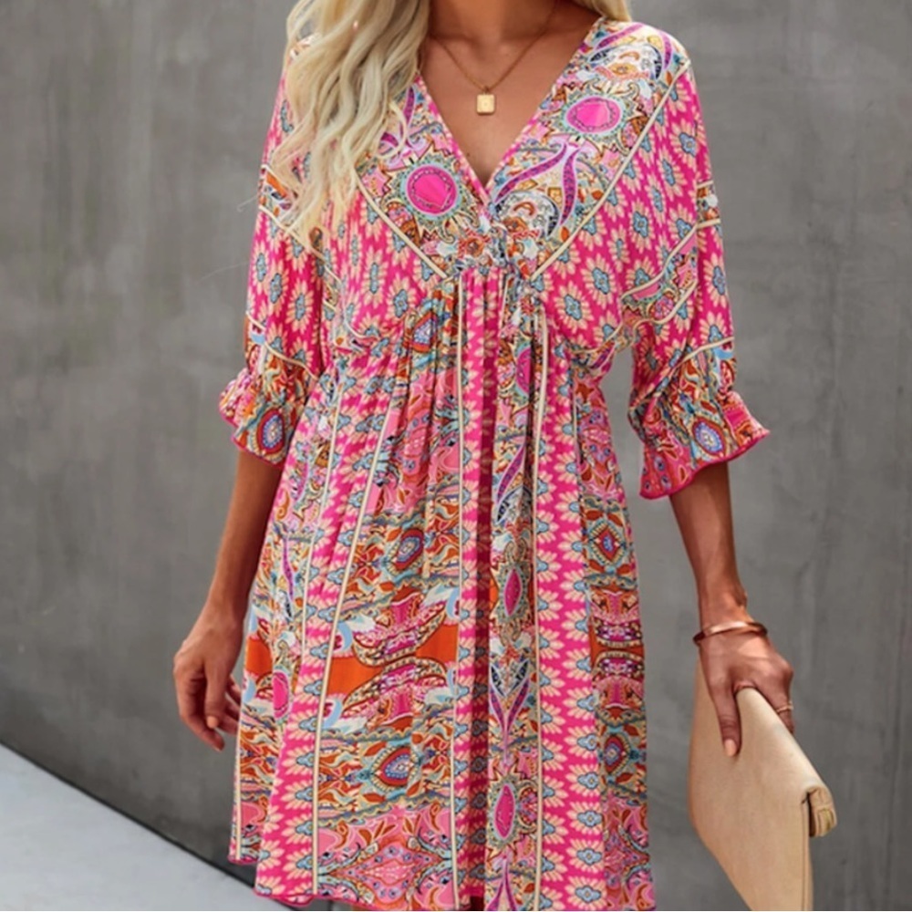 ePretty V Neck Mid Sleeve Multi Color Empire Waist Dress Size Large